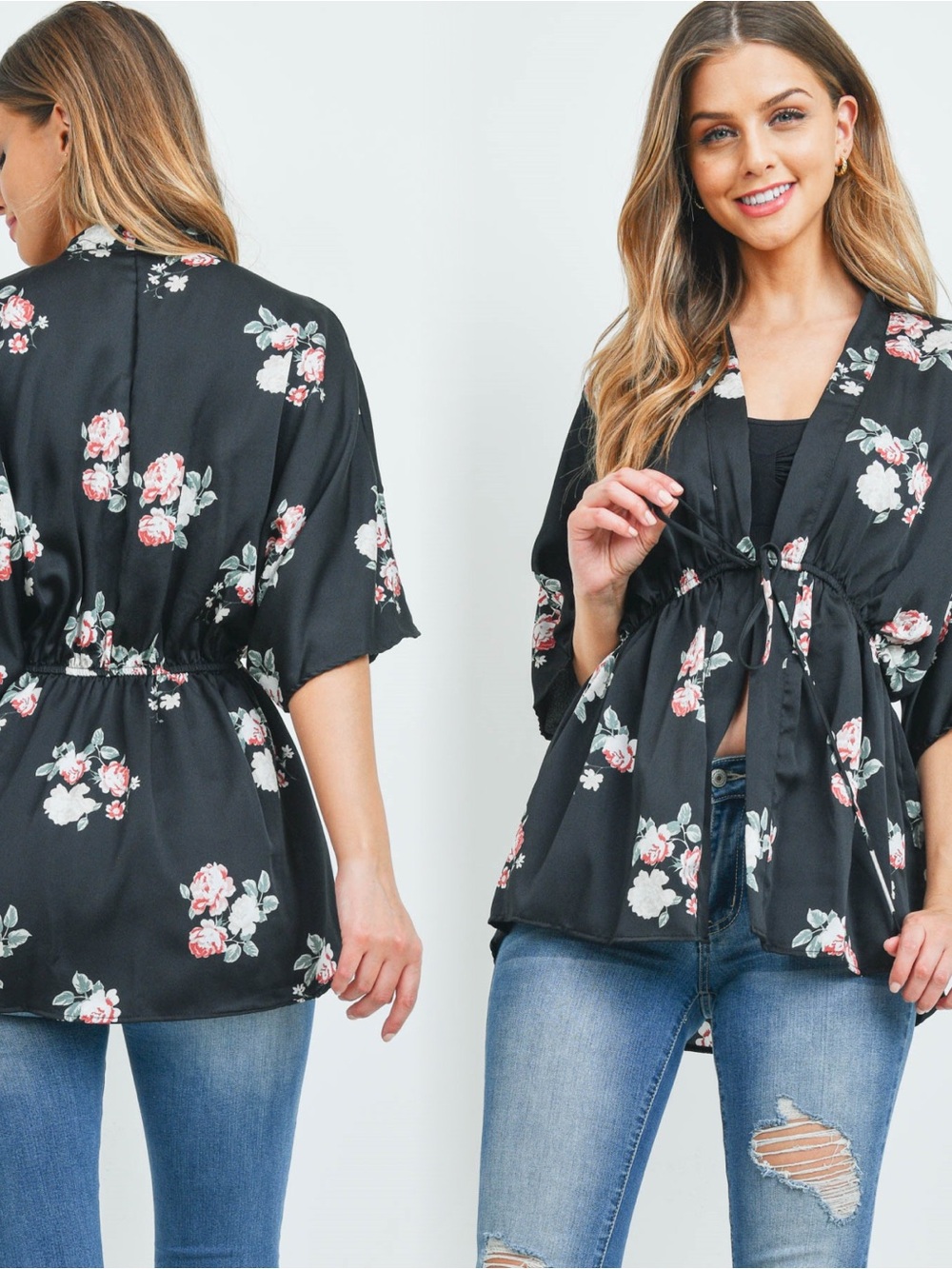 Floral Tie-Front Kimono Top - Black/Pink